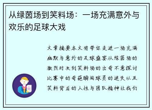 从绿茵场到笑料场：一场充满意外与欢乐的足球大戏