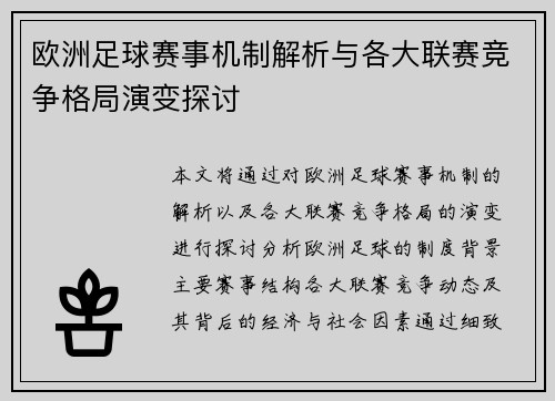 欧洲足球赛事机制解析与各大联赛竞争格局演变探讨