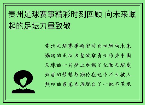 贵州足球赛事精彩时刻回顾 向未来崛起的足坛力量致敬